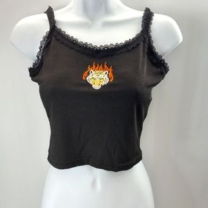 Romwe Y2K Tiger Flames Lace Ribbed Crop Top